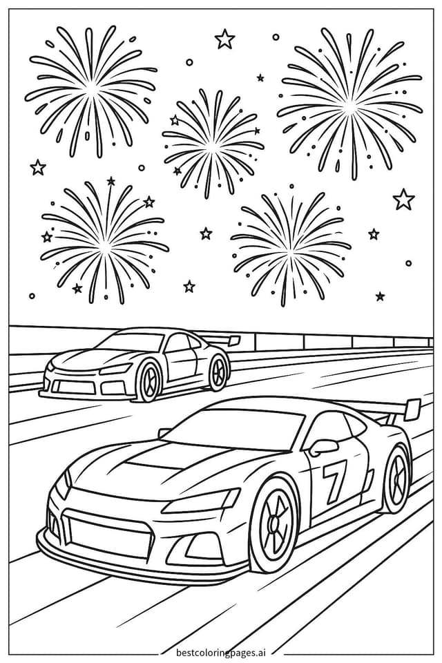 Race Cars Under Fireworks Spectacle Coloring Pages