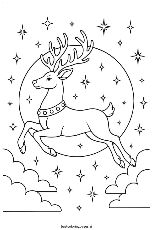 Disegni di Renna che Vola Attraverso la Luna da Colorare