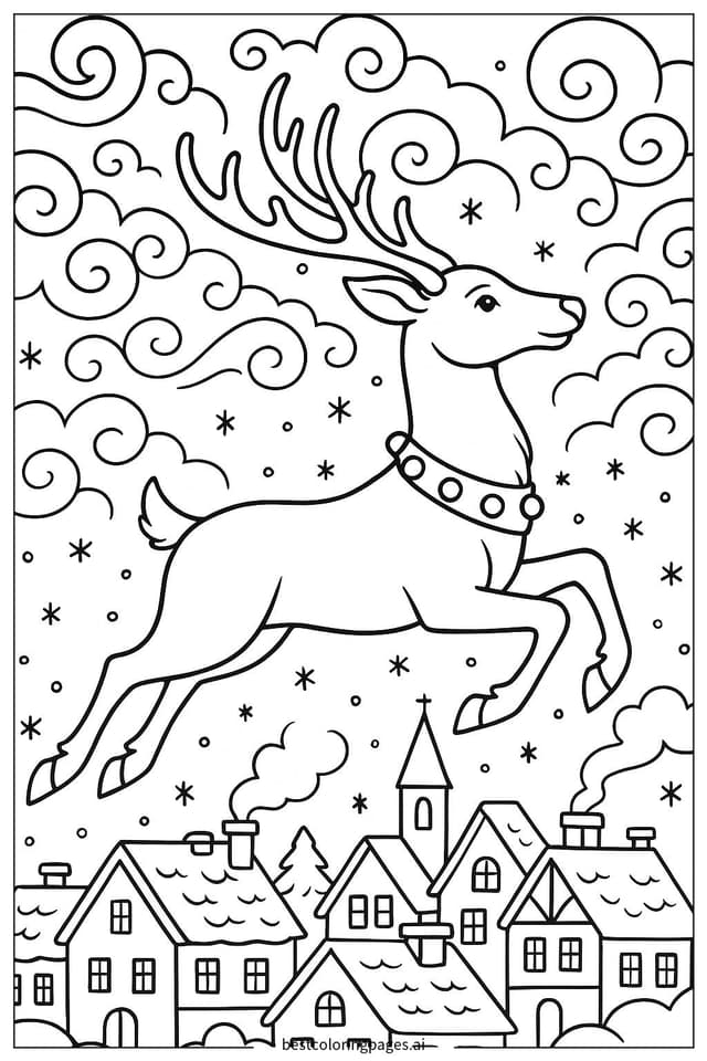 Disegni di Renna Volante Sopra la Città da Colorare