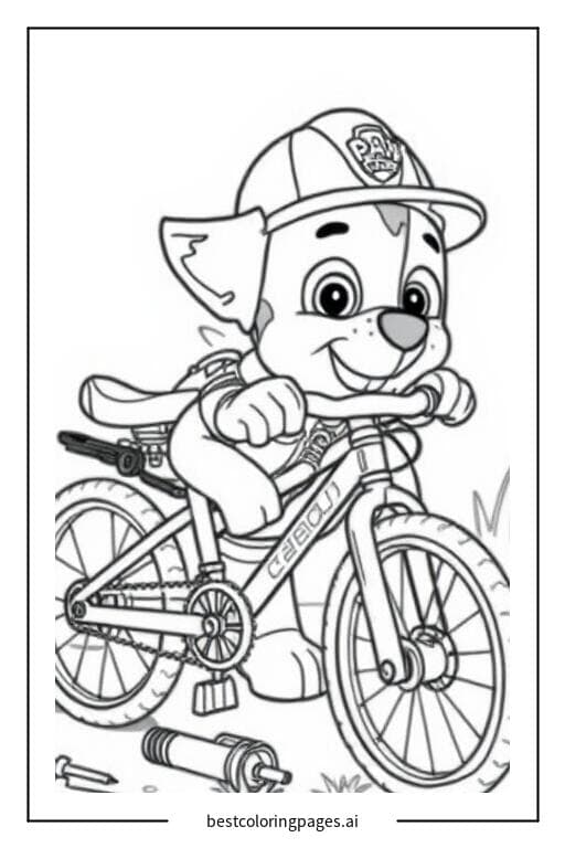 Coloriage Rocky répare un vélo cassé
