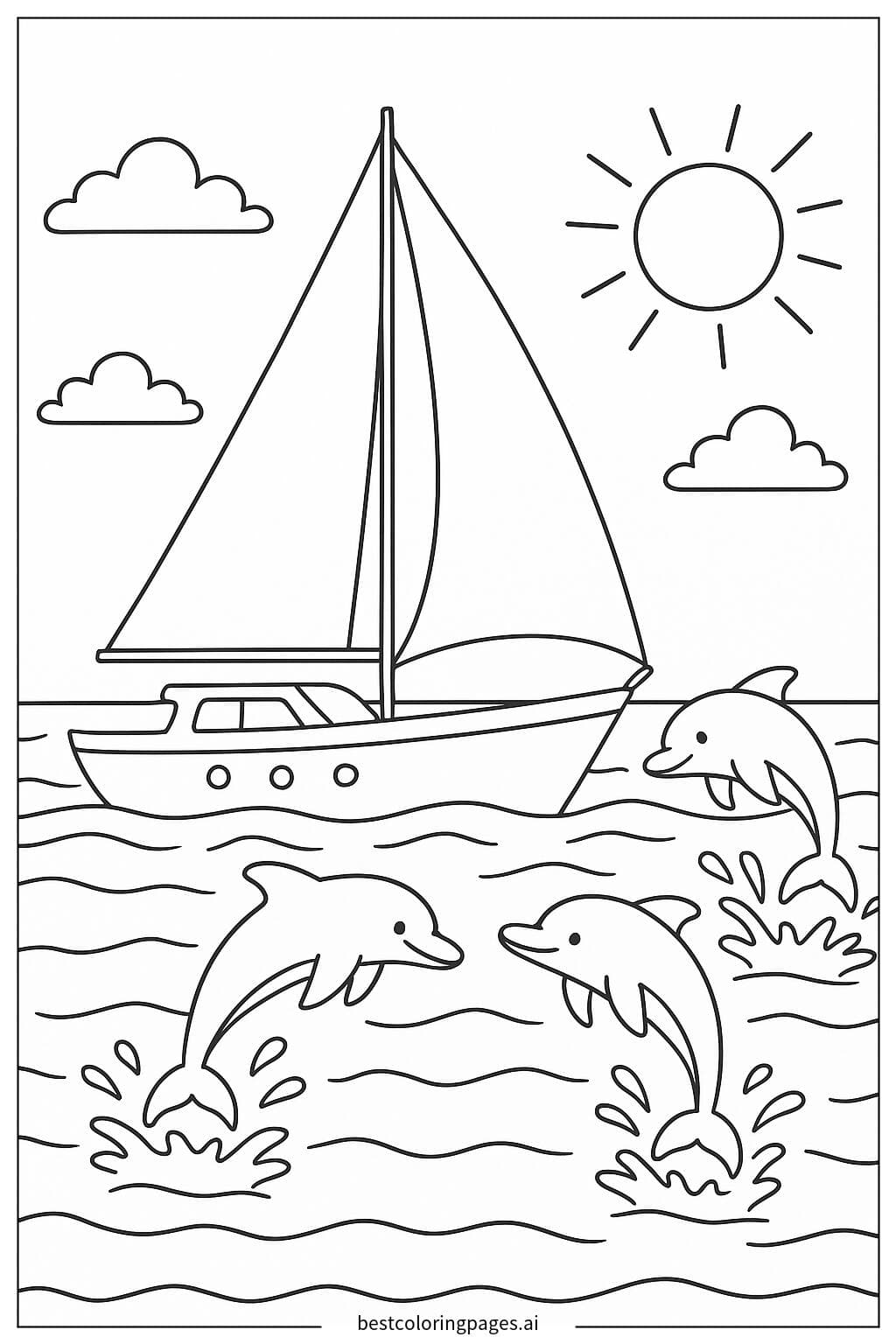 Desenhos de Veleiro com golfinhos saltando ao redor para Colorir
