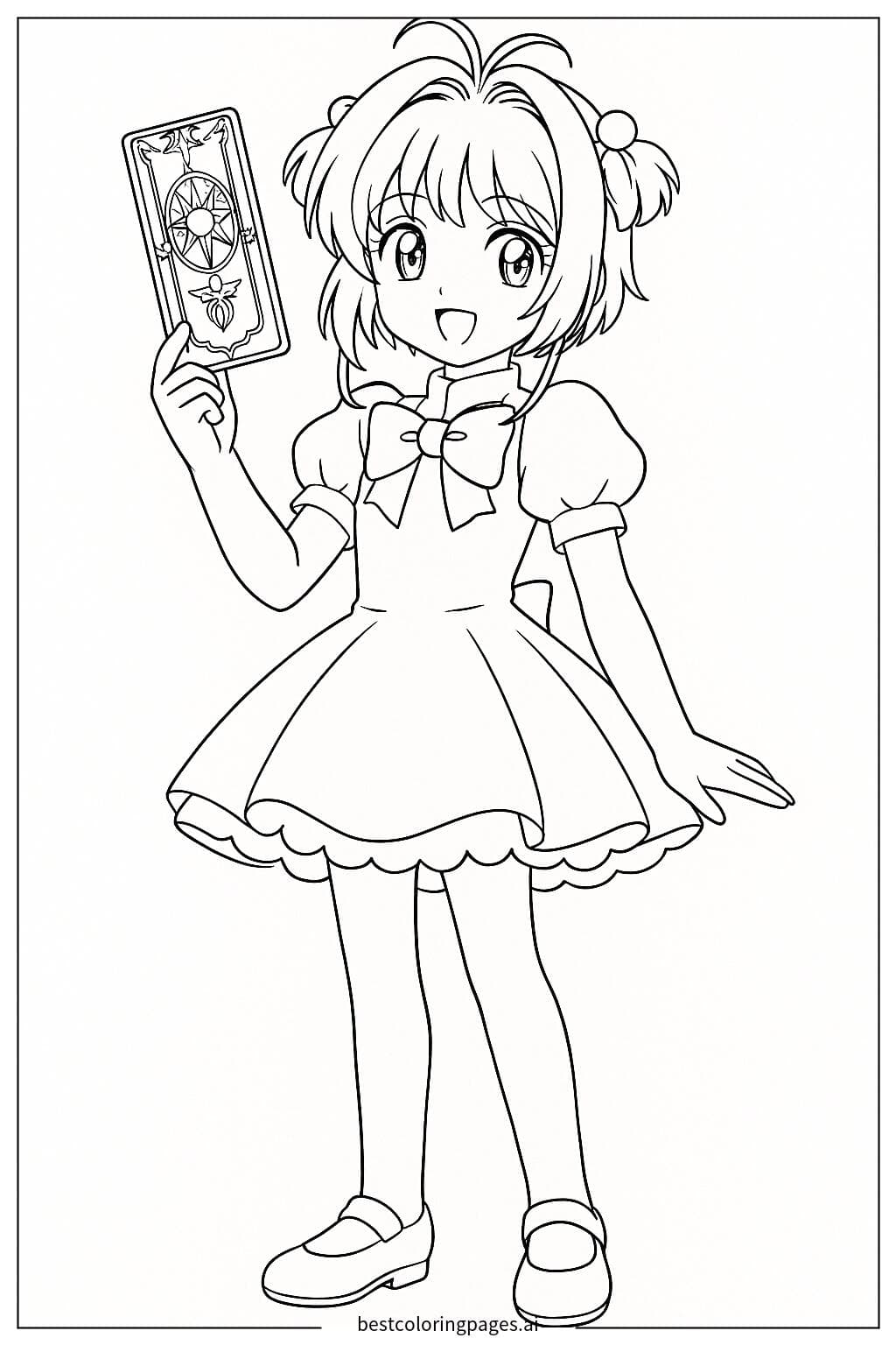 Coloriage Sakura tenant une carte Clow