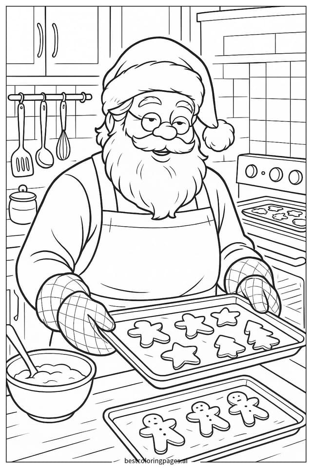 Dibujos de Santa Claus horneando galletas en la cocina para Colorear