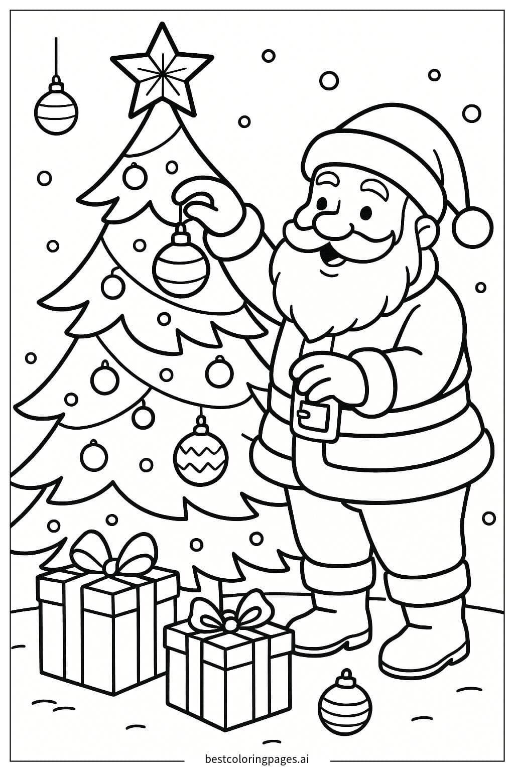 サンタクロースがクリスマスツリーを飾る
