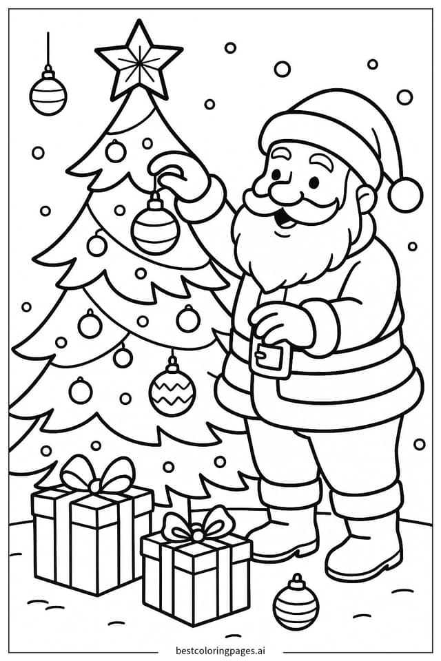 Dibujos de Papá Noel decorando un árbol de Navidad para Colorear