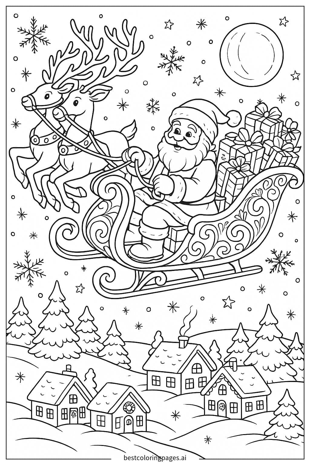 Papai Noel voando em um trenó com renas