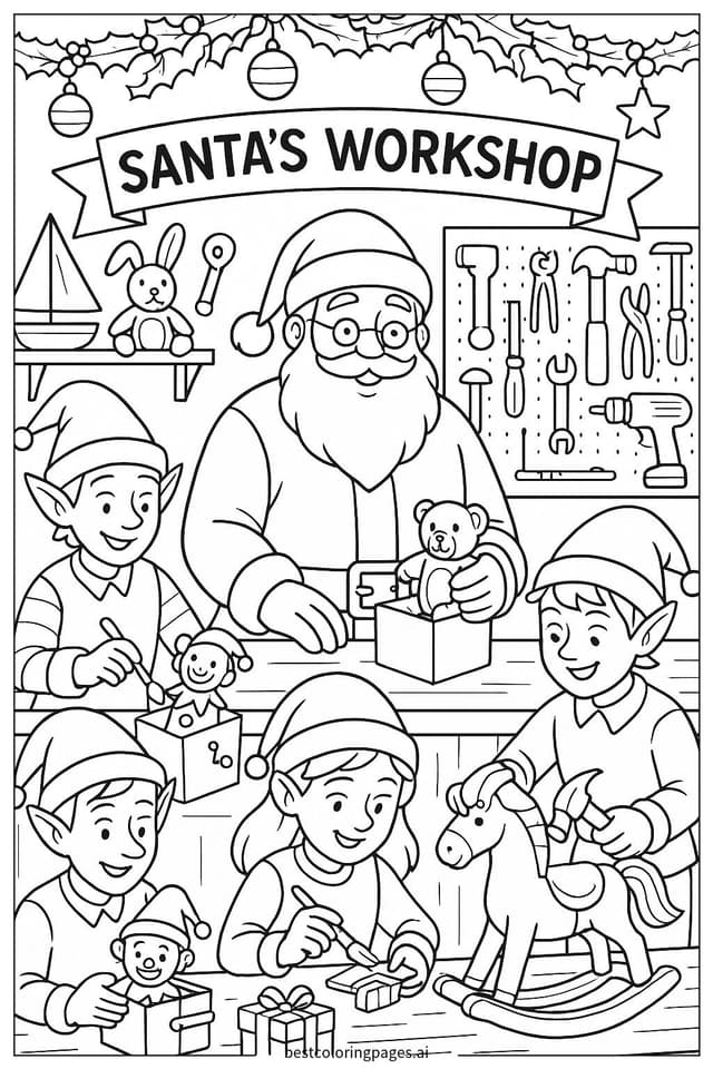 Disegni di Il Laboratorio di Babbo Natale con gli Elfi da Colorare