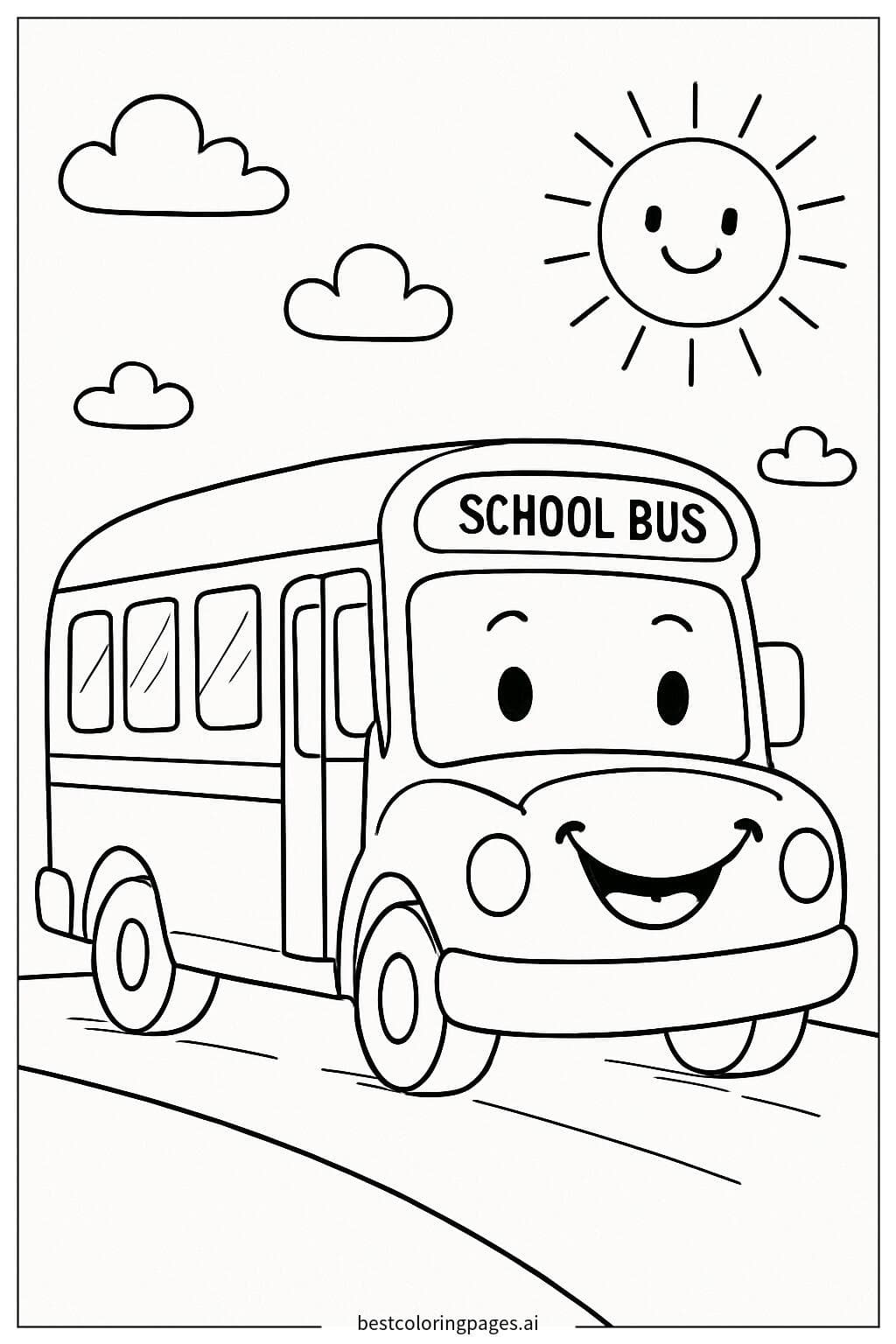 Cheerful School Bus on a Sunny Day Coloring Page