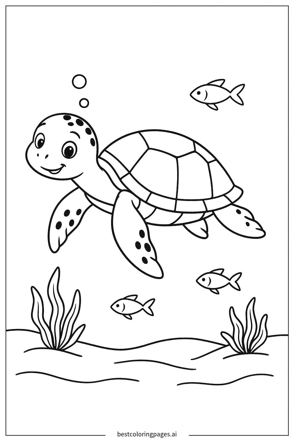 Tortue de mer nageant avec des poissons