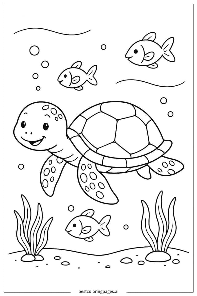 Disegni di Tartaruga Marina con Amici Pesci da Colorare