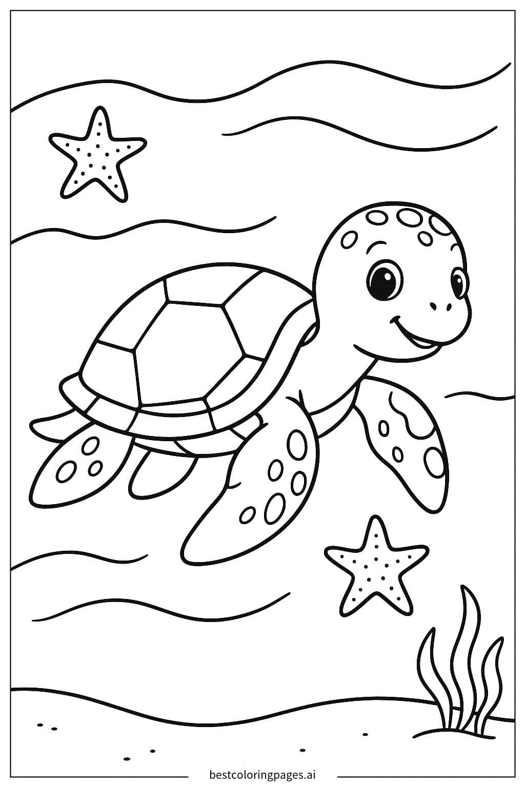 Charming Sea Turtle with Starfish Adventure Coloring Page