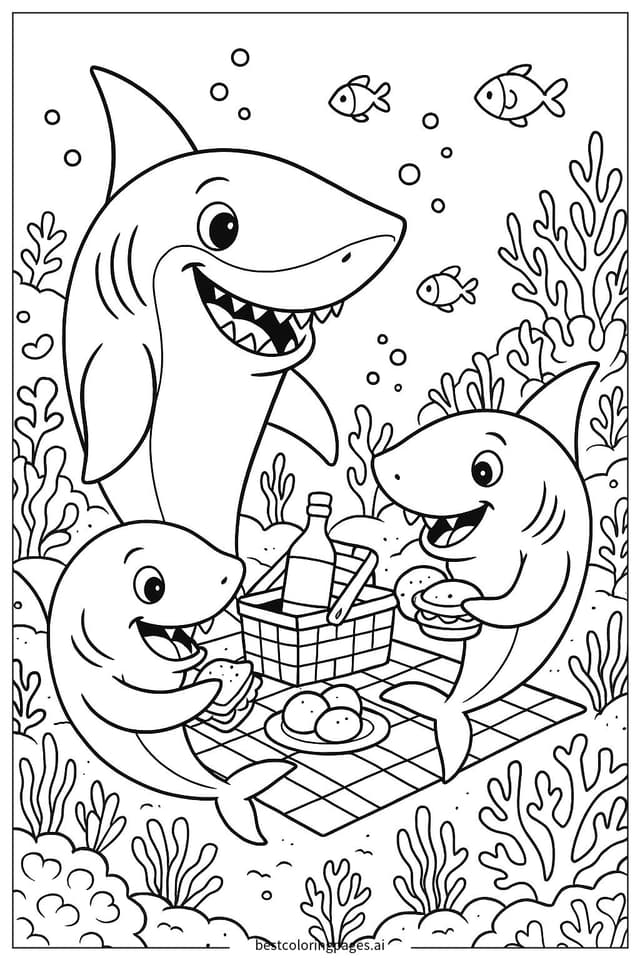 鯊魚家族的水底野餐時光 著色圖