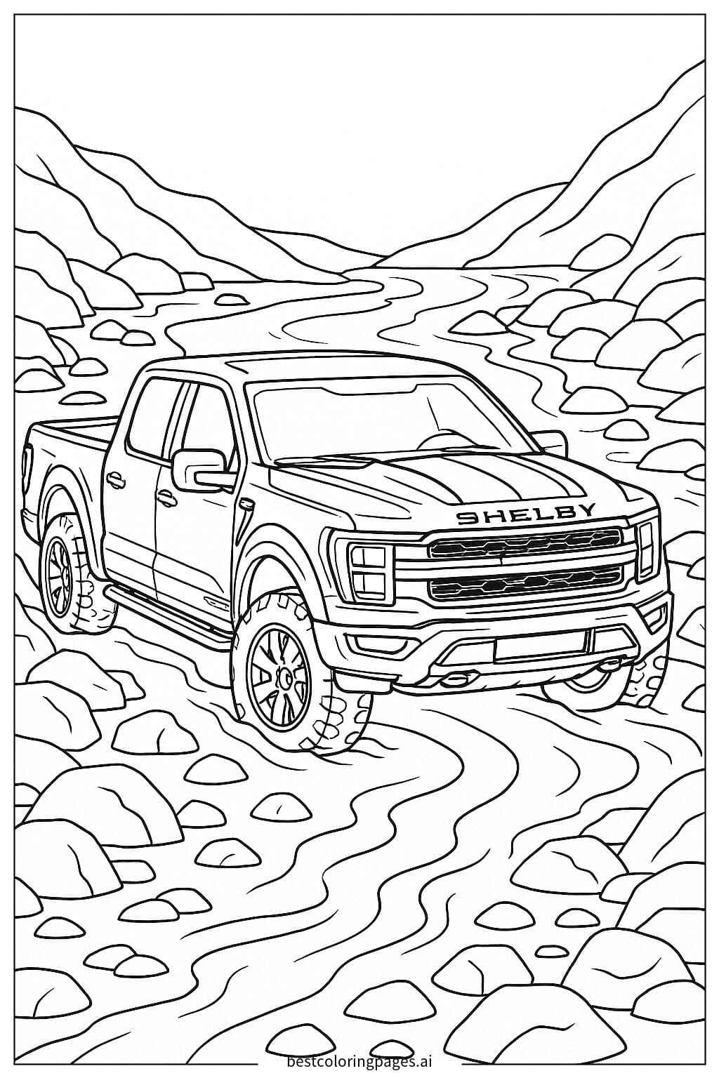 Shelby Truck Navigates River Crossing Coloring Page