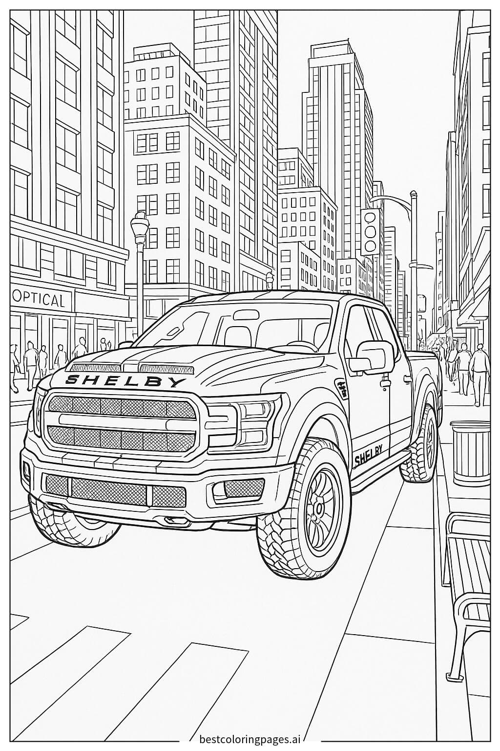 繁忙城市街道上的谢尔比卡车 涂色页