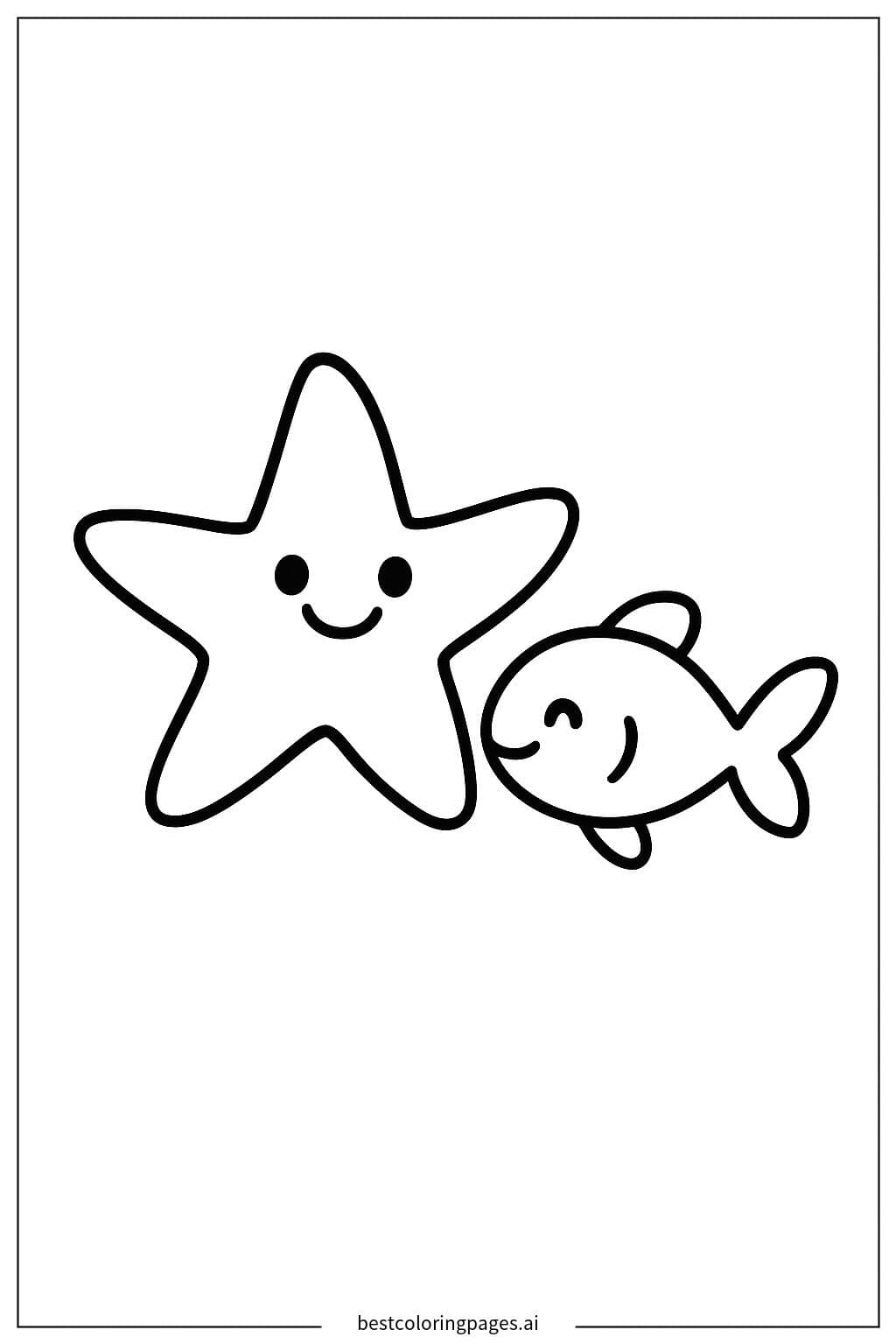Simple Outline of a Happy Starfish and Fish