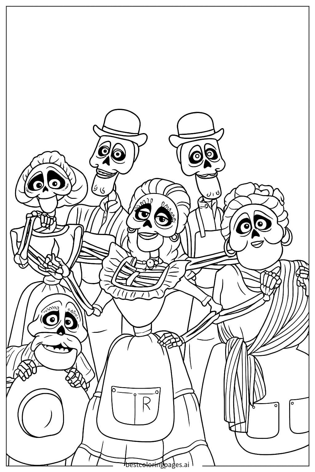 Skeleton Family Portrait from Coco Coloring Page