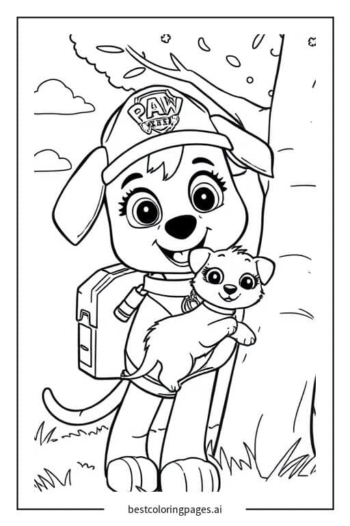 Coloriage Skye sauve un chaton de l'arbre