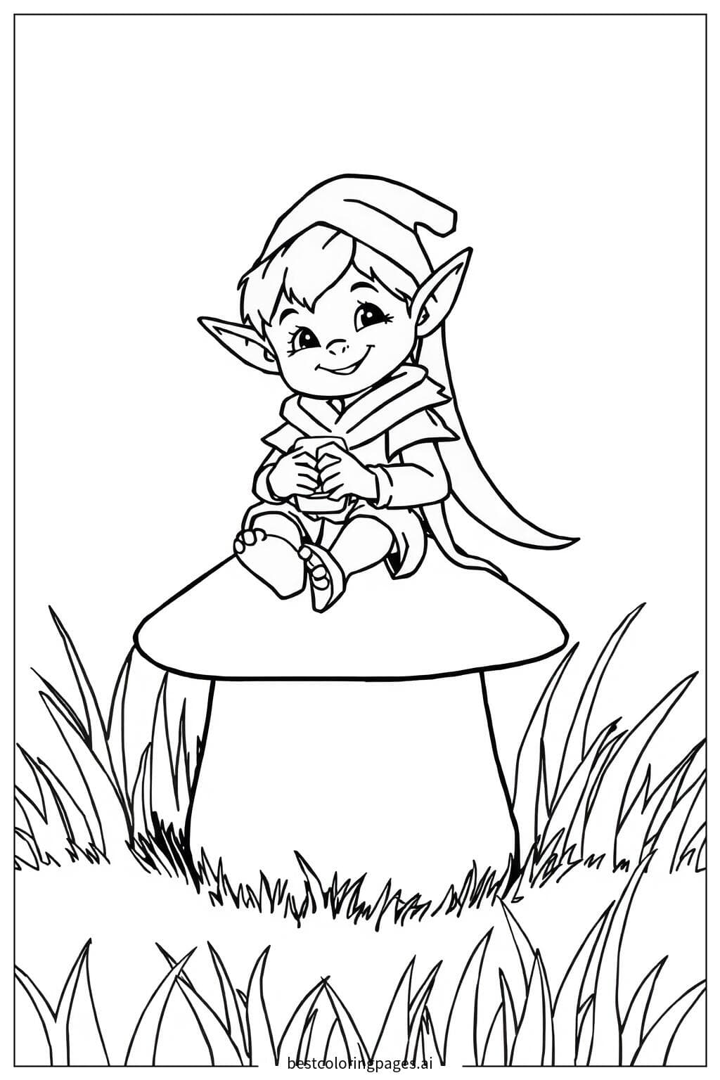 Smiling Elf Sitting on a Mushroom