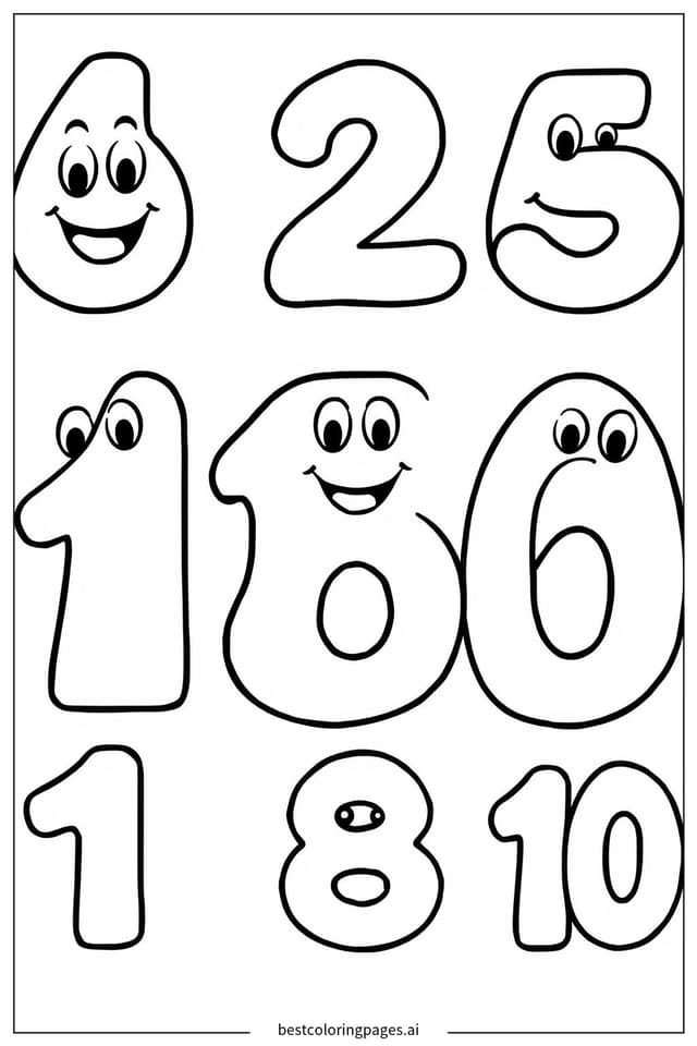 Smiling Numbers from 1 to 10 Coloring Pages