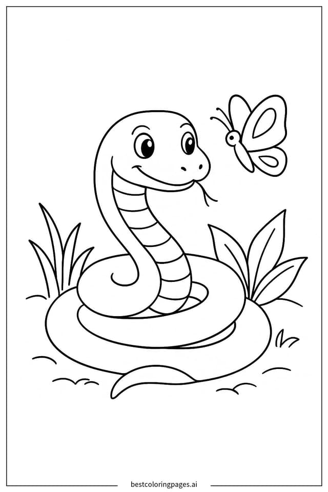 Snake and Butterfly Interaction Coloring Page