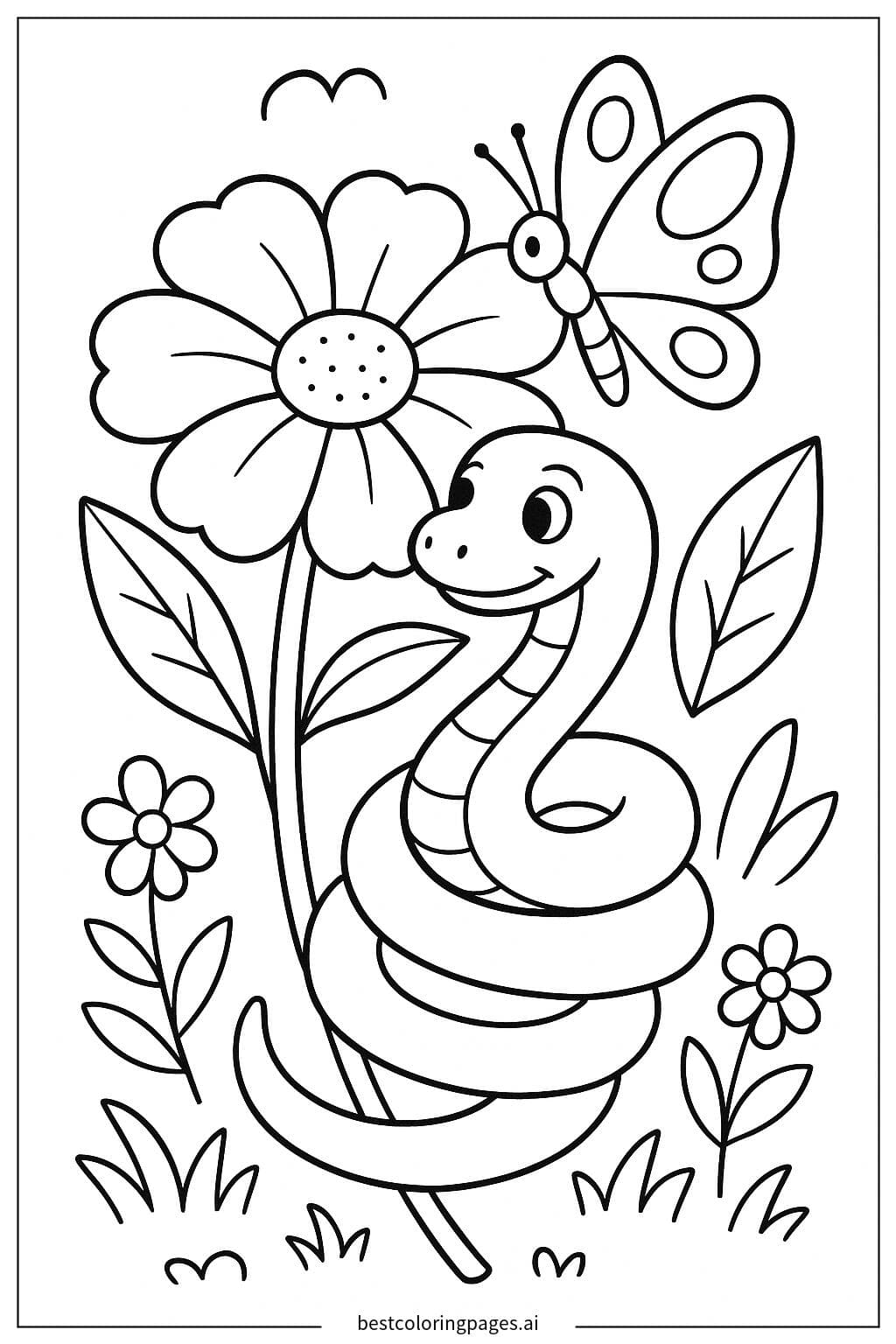 Snake and Butterfly on a Flower