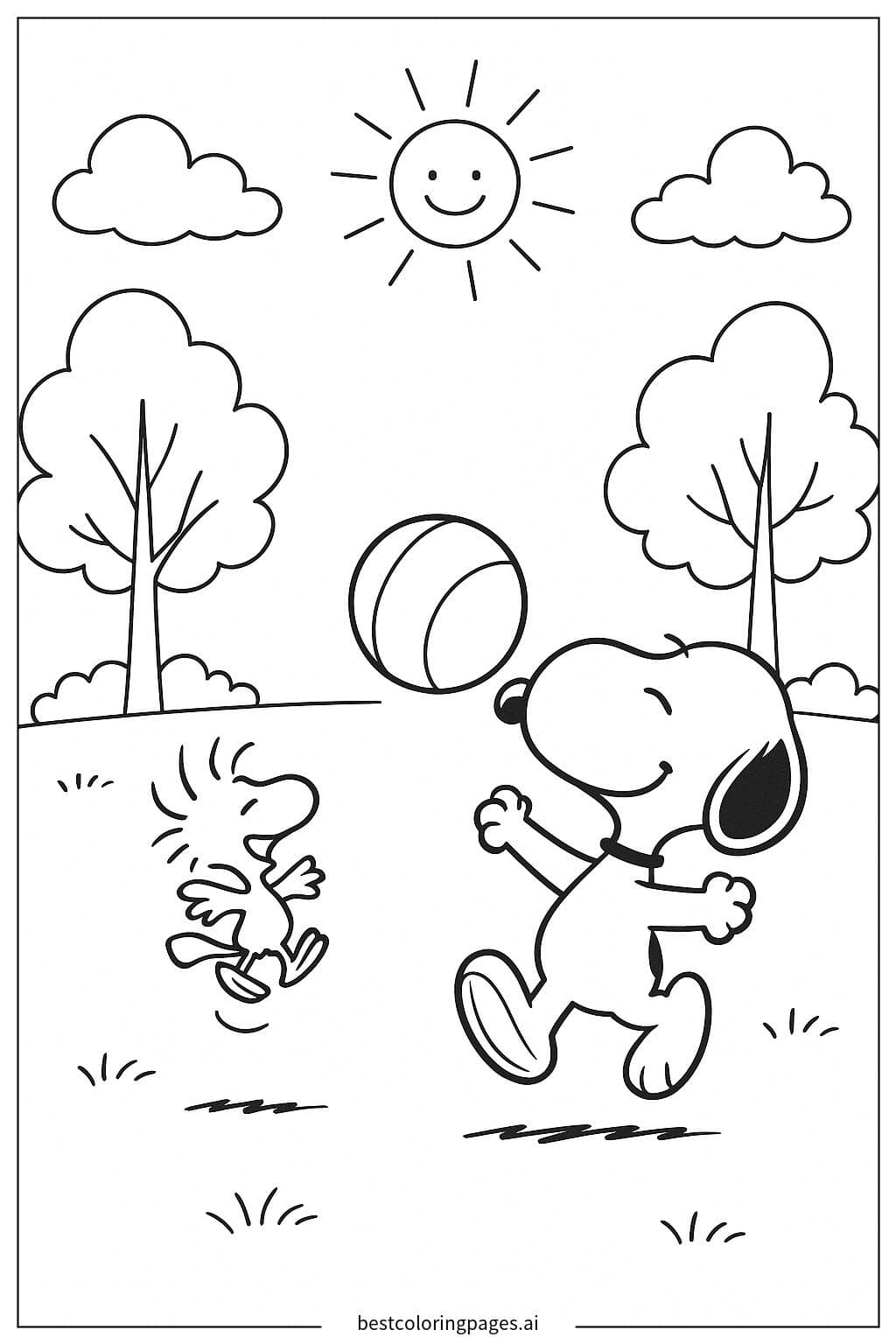 Snoopy and Woodstock Playing Together Coloring Page