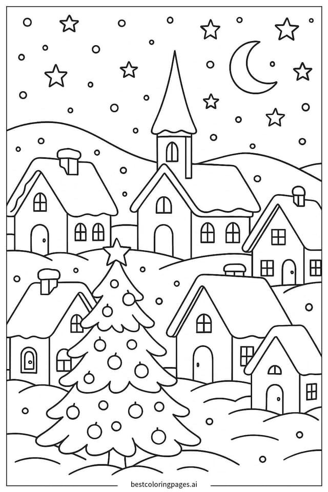 Disegni di Villaggio innevato di notte da Colorare