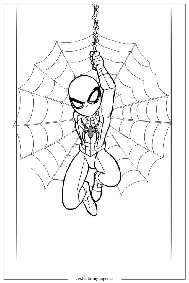 Coloriage Spider-Man suspendu à sa toile
