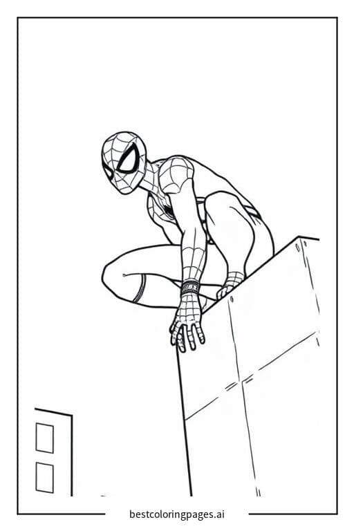 Spiderman Crouching on a Building Edge Coloring Pages