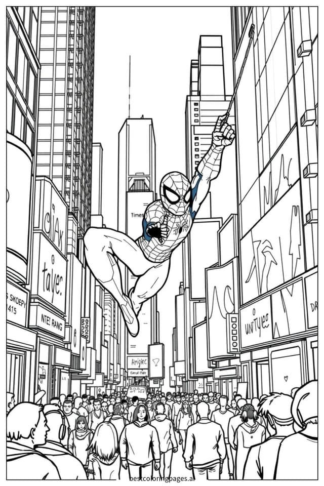 Spiderman in Times Square Coloring Page