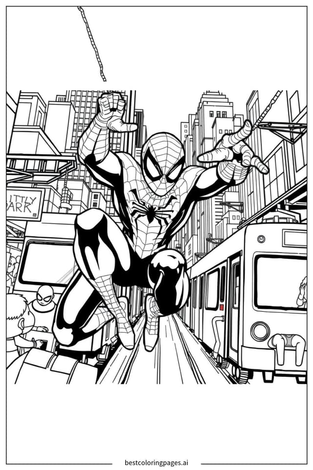 Spiderman Saves the Day on the Train Coloring Page