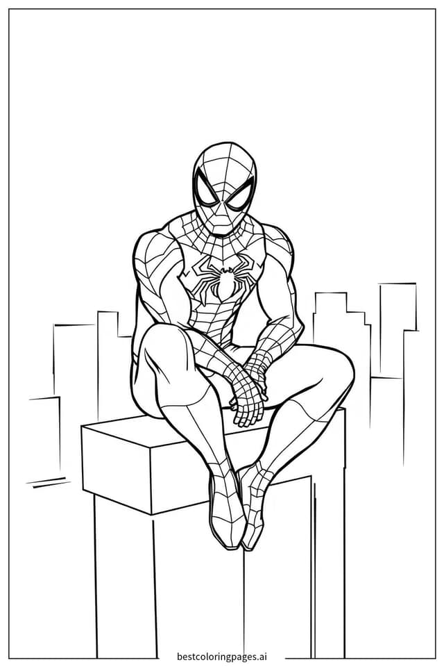 Spiderman Sitting on a Building Ledge Coloring Page
