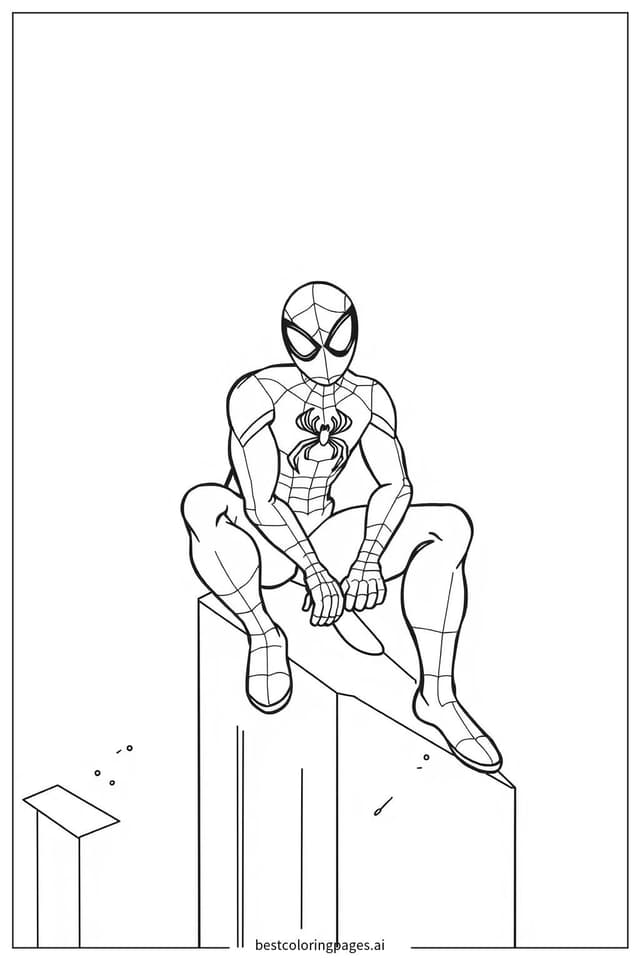 Spiderman Perched on Building Edge Coloring Page