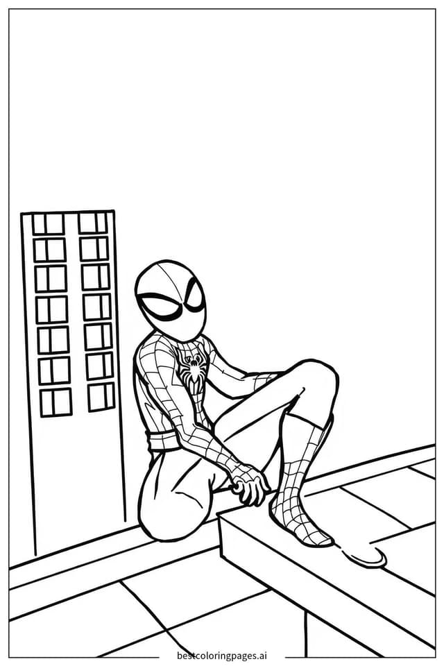 Spiderman Relaxing on the Rooftop Coloring Page
