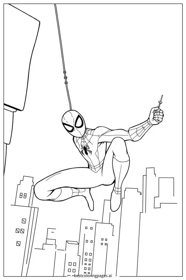 Spiderman in Action: Swinging Through the City Coloring Page