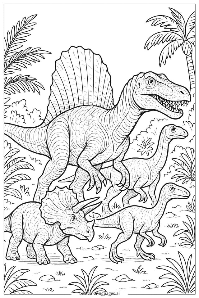 スピノサウルスと恐竜の群れ のぬりえ