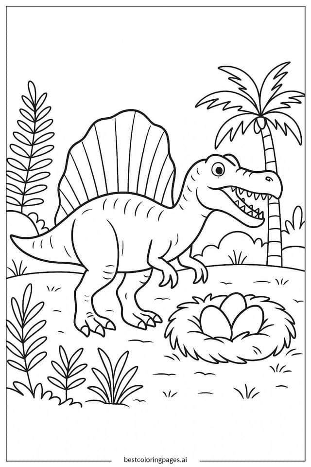 スピノサウルスと巣 のぬりえ