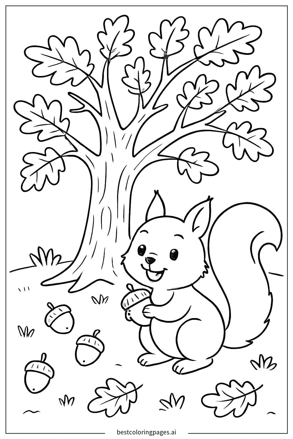 Squirrel Collecting Acorns Under a Tree