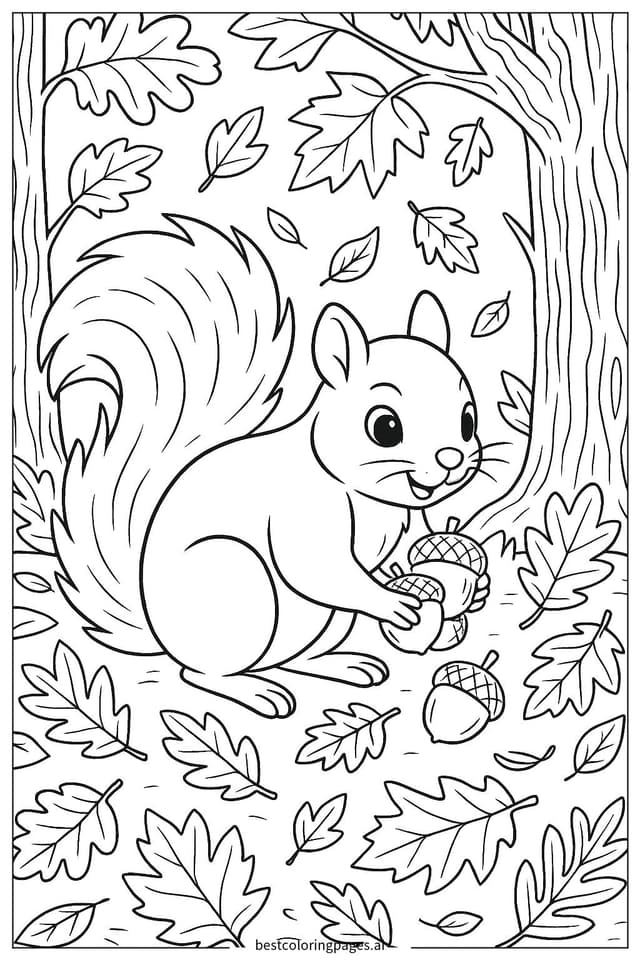 Eichhörnchen sammelt Nüsse im Wald Ausmalbilder