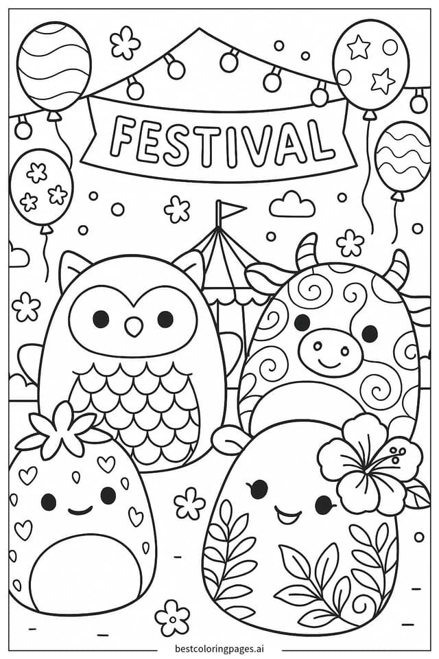 Squishmallow Festival Celebration Coloring Page