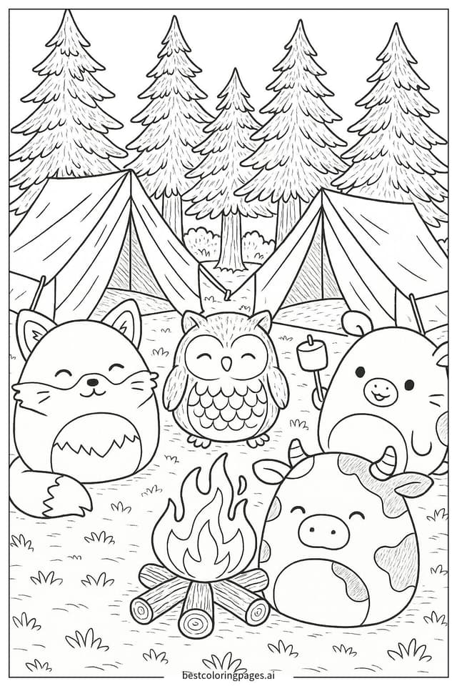 Squishmallows Camping Adventure Coloring Page