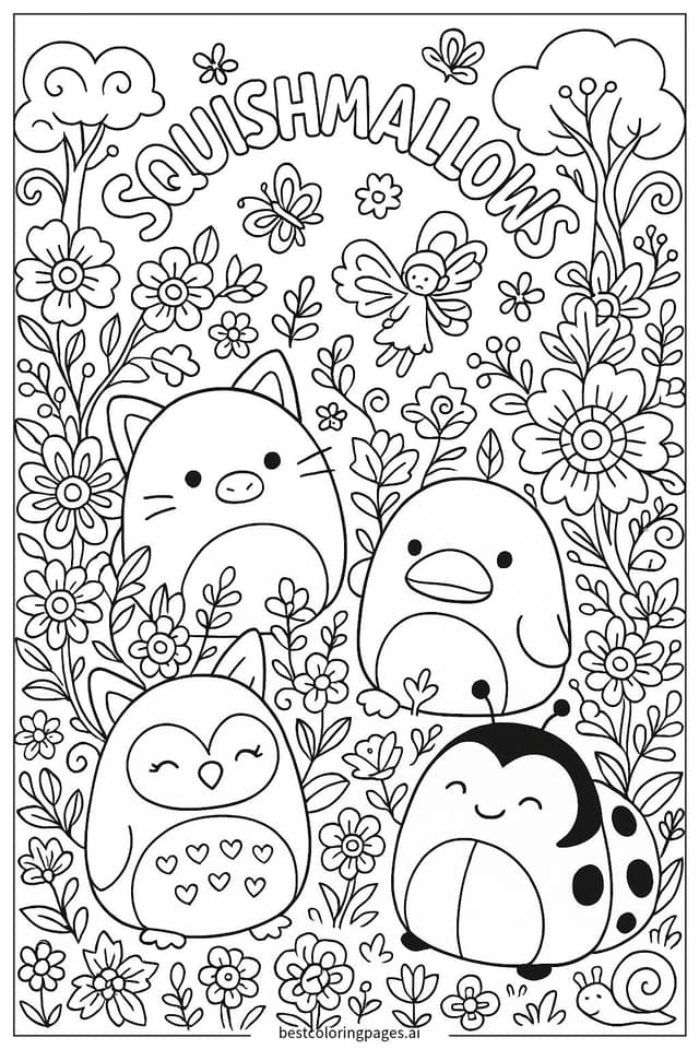 Squishmallows in the Enchanted Garden Coloring Page