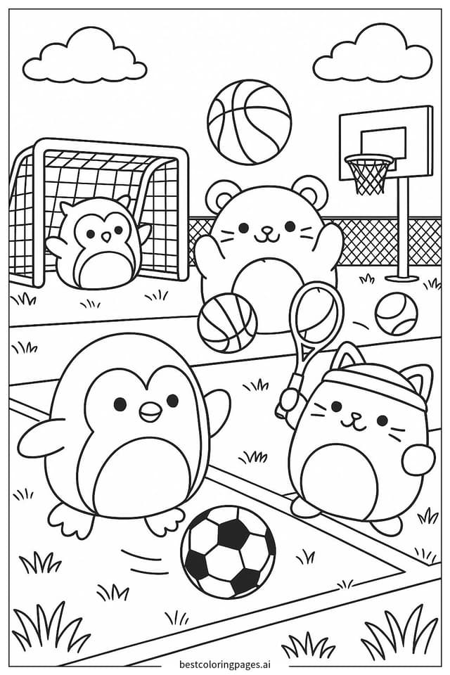 Squishmallows Enjoying Sports Fun Coloring Page