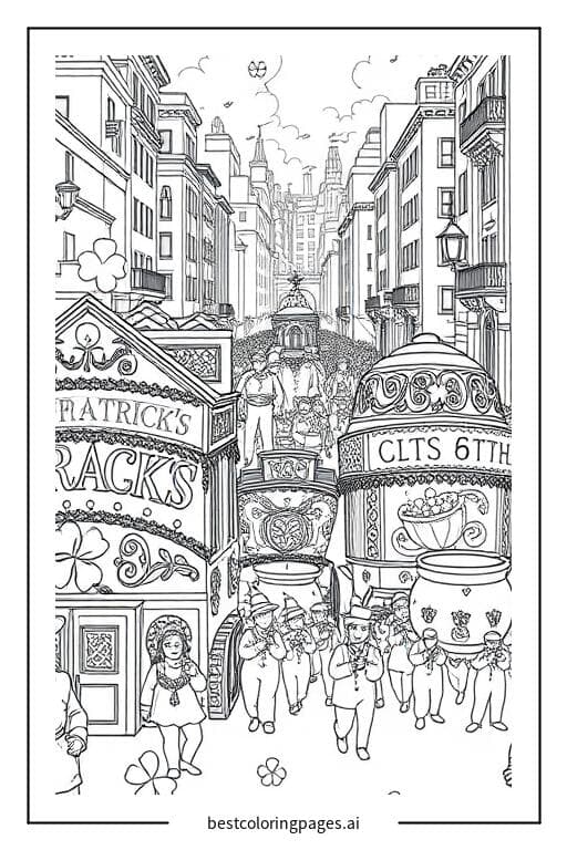 St. Patrick's Day Parade with Colorful Floats Coloring Page