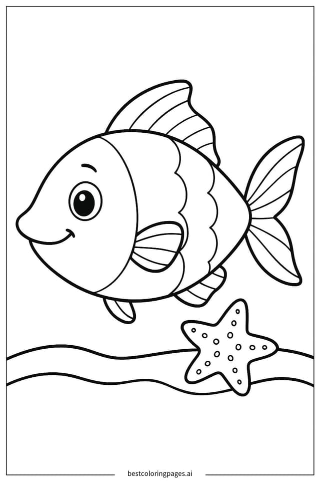 Starfish and Happy Fish on Sand Coloring Page
