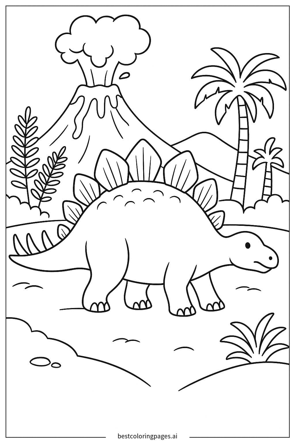 Stegosaurus with a Volcano Background