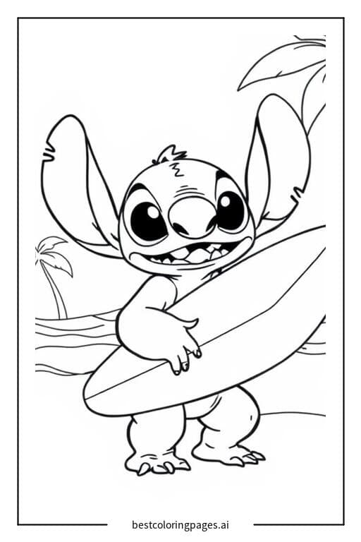 Stitch with a Surfboard on the Beach