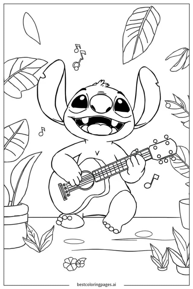 Dibujos de Stitch Tocando la Guitarra para Colorear