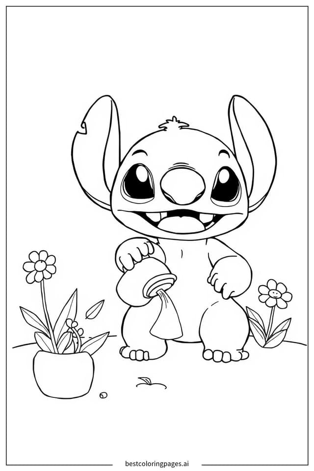 Dibujos de Stitch regando las plantas para Colorear