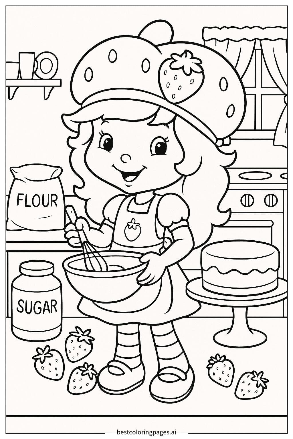 Strawberry Shortcake Baking a Cake Coloring Page